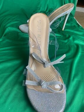Stuart Weitzman Silver Crystal Strap Stiletto Sandals size 9.5